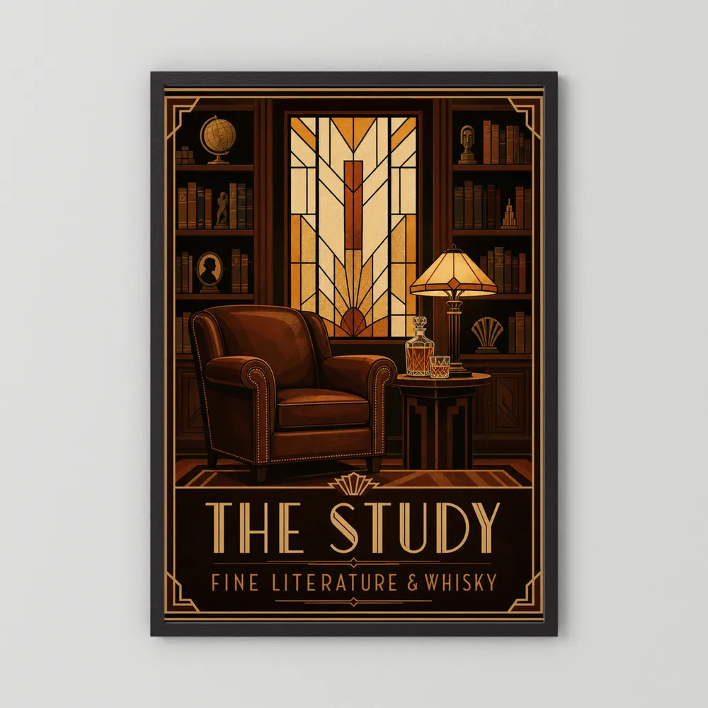 The Study: Fine Literature & Whisky – Vintage Art Deco Library Interior Print