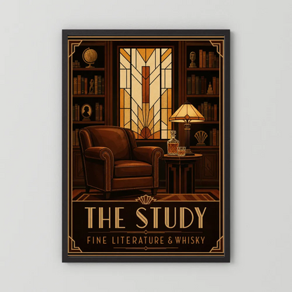 The Study: Fine Literature & Whisky – Vintage Art Deco Library Interior Print