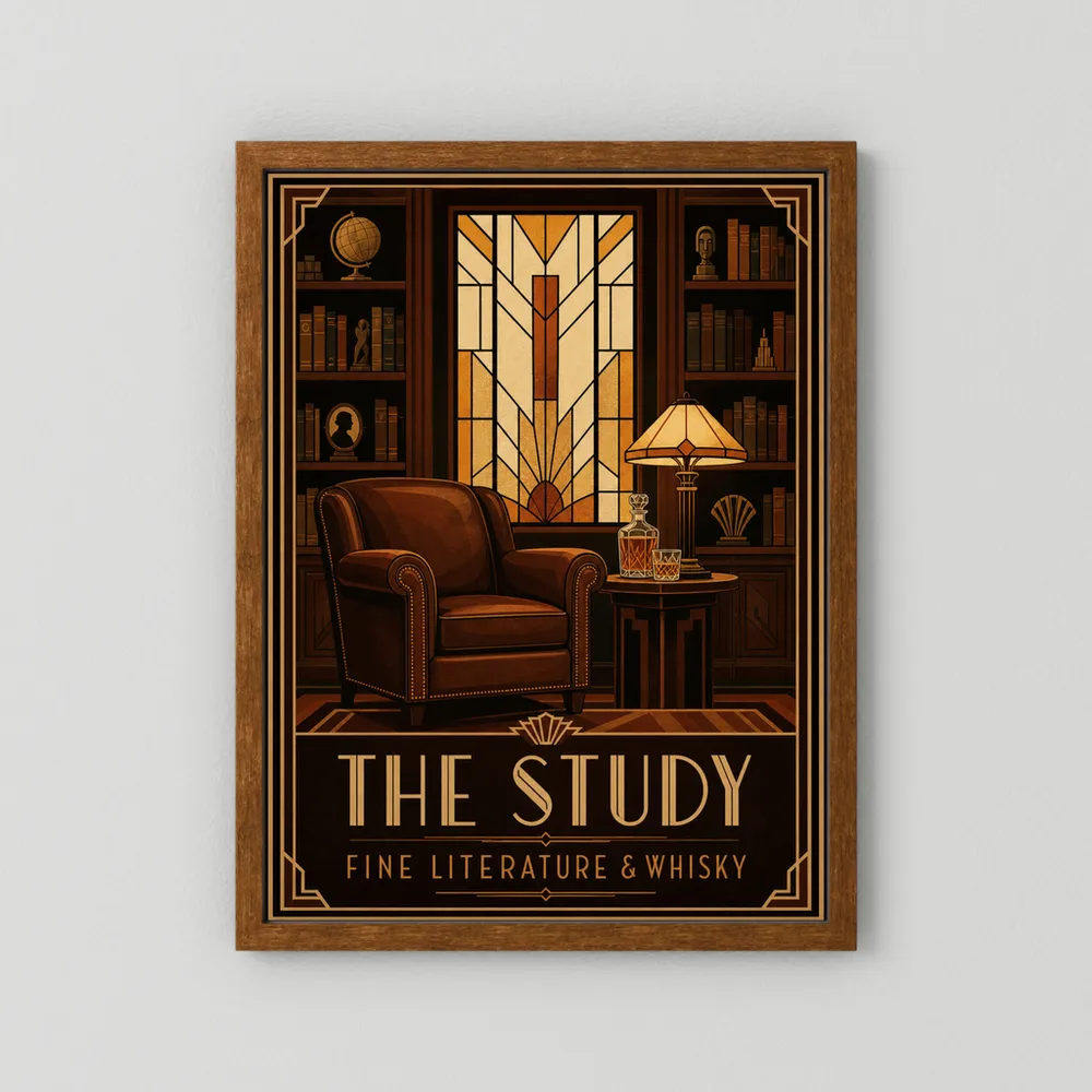 The Study: Fine Literature & Whisky – Vintage Art Deco Library Interior Print