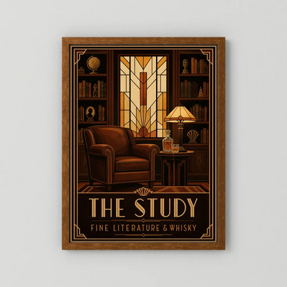 The Study: Fine Literature & Whisky – Vintage Art Deco Library Interior Print