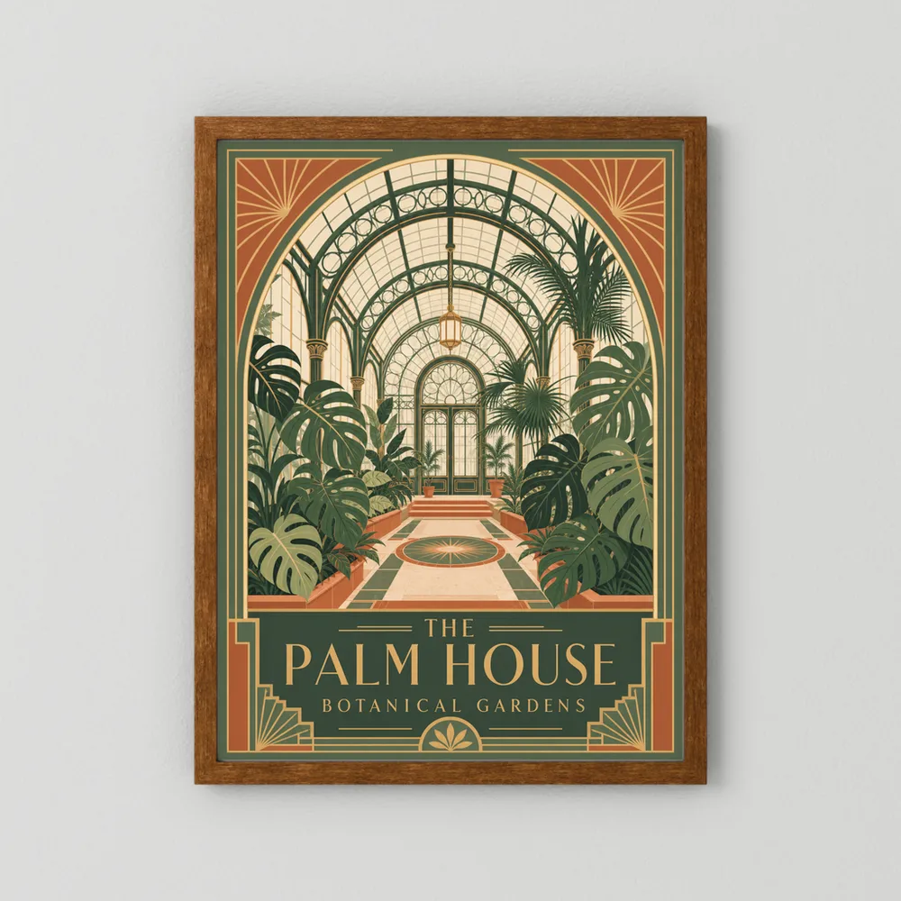 The Palm House: Botanical Gardens – Vintage Art Deco Conservatory Print