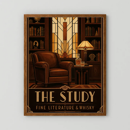 The Study: Fine Literature & Whisky – Vintage Art Deco Library Interior Print