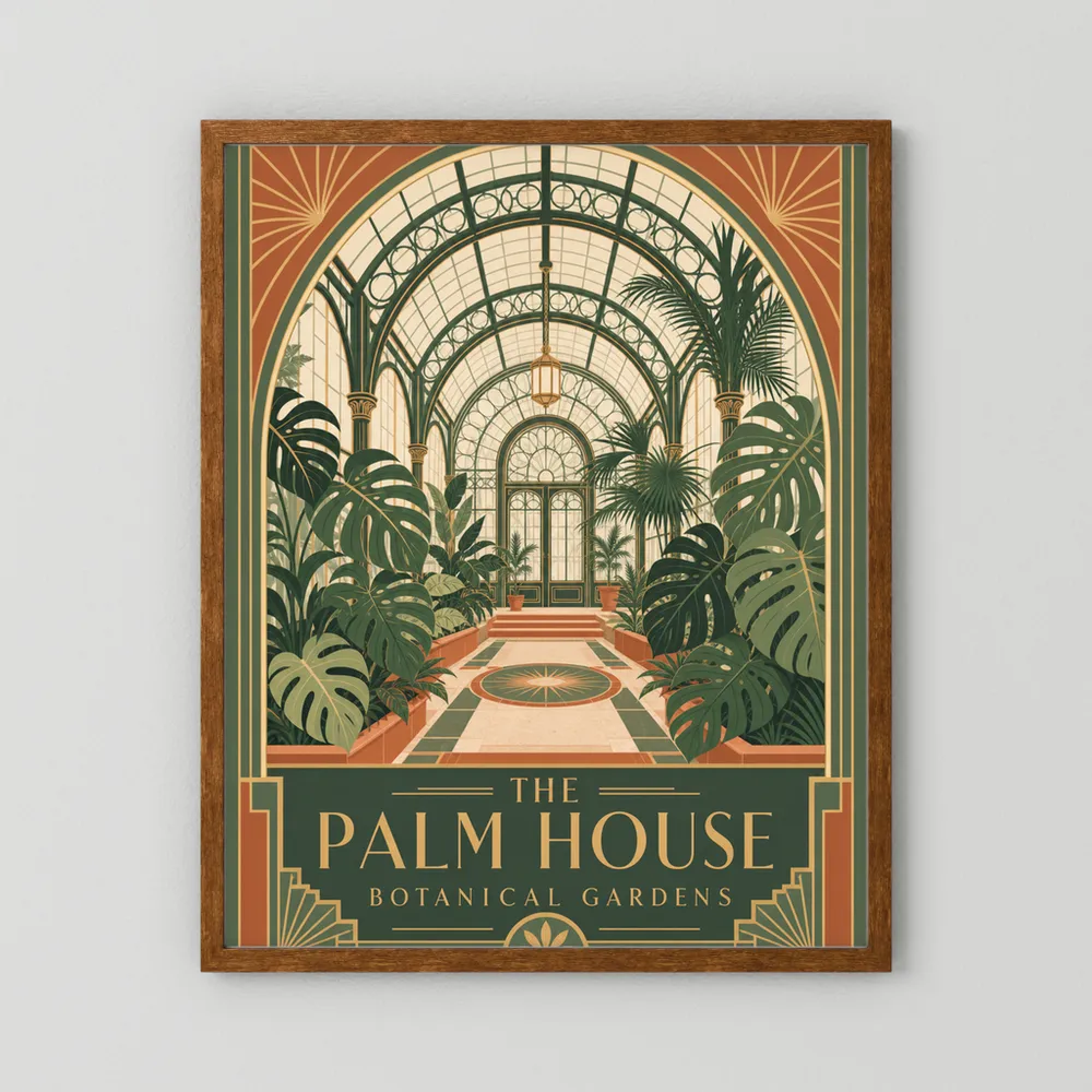 The Palm House: Botanical Gardens – Vintage Art Deco Conservatory Print