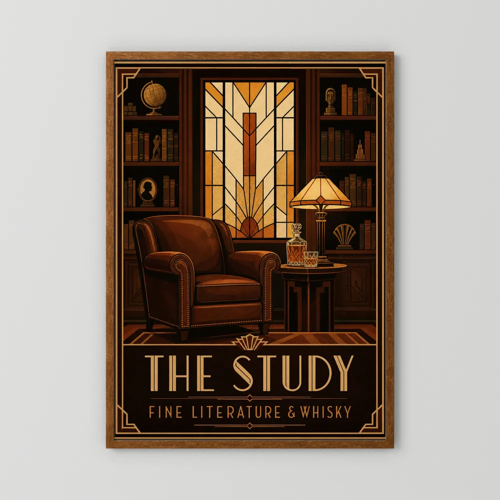The Study: Fine Literature & Whisky – Vintage Art Deco Library Interior Print