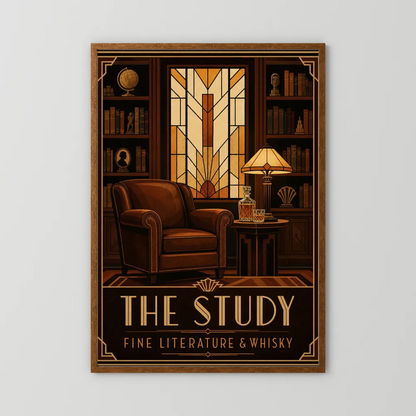 The Study: Fine Literature & Whisky – Vintage Art Deco Library Interior Print