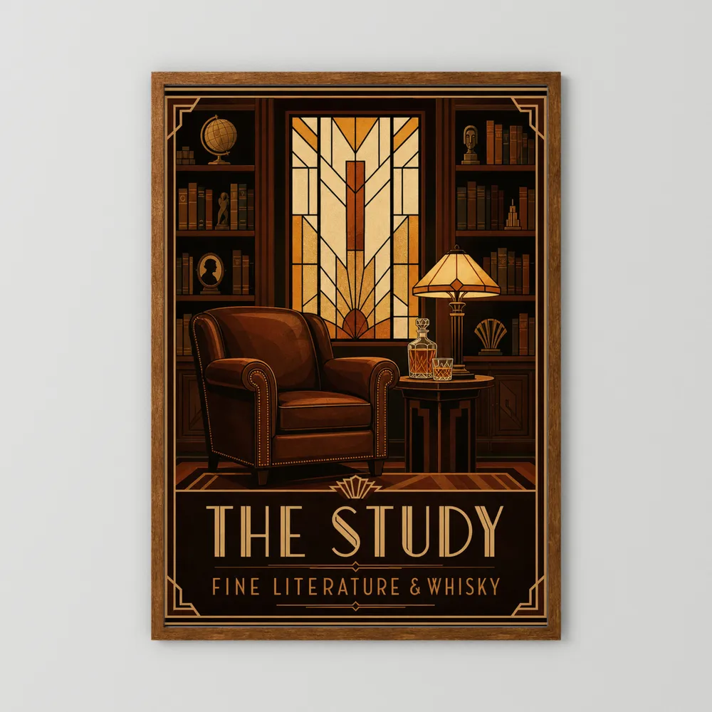 The Study: Fine Literature & Whisky – Vintage Art Deco Library Interior Print