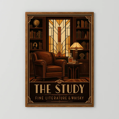 The Study: Fine Literature & Whisky – Vintage Art Deco Library Interior Print
