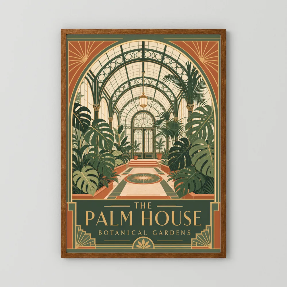 The Palm House: Botanical Gardens – Vintage Art Deco Conservatory Print