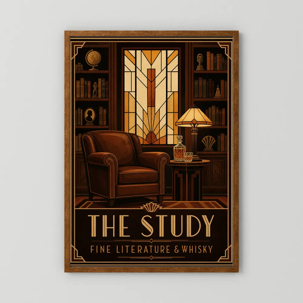 The Study: Fine Literature & Whisky – Vintage Art Deco Library Interior Print