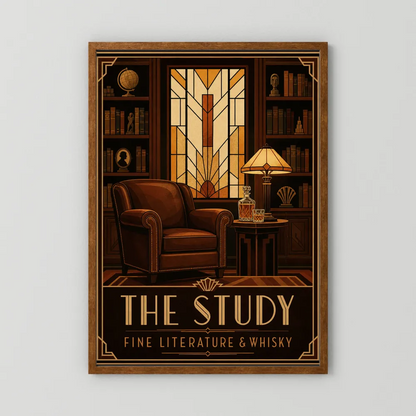 The Study: Fine Literature & Whisky – Vintage Art Deco Library Interior Print