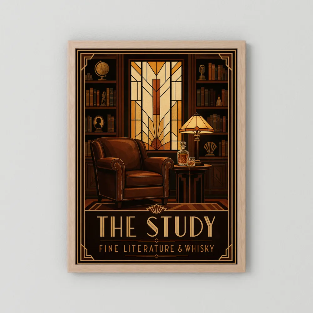The Study: Fine Literature & Whisky – Vintage Art Deco Library Interior Print