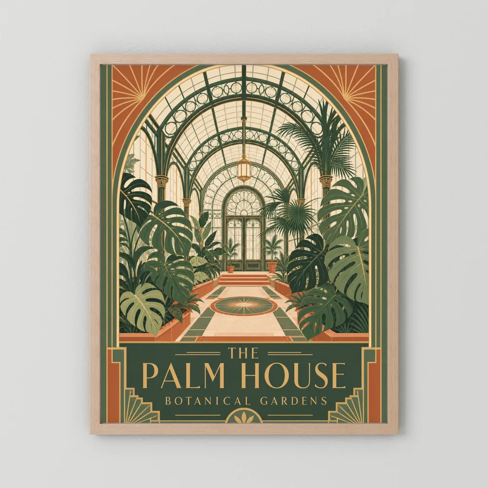 The Palm House: Botanical Gardens – Vintage Art Deco Conservatory Print
