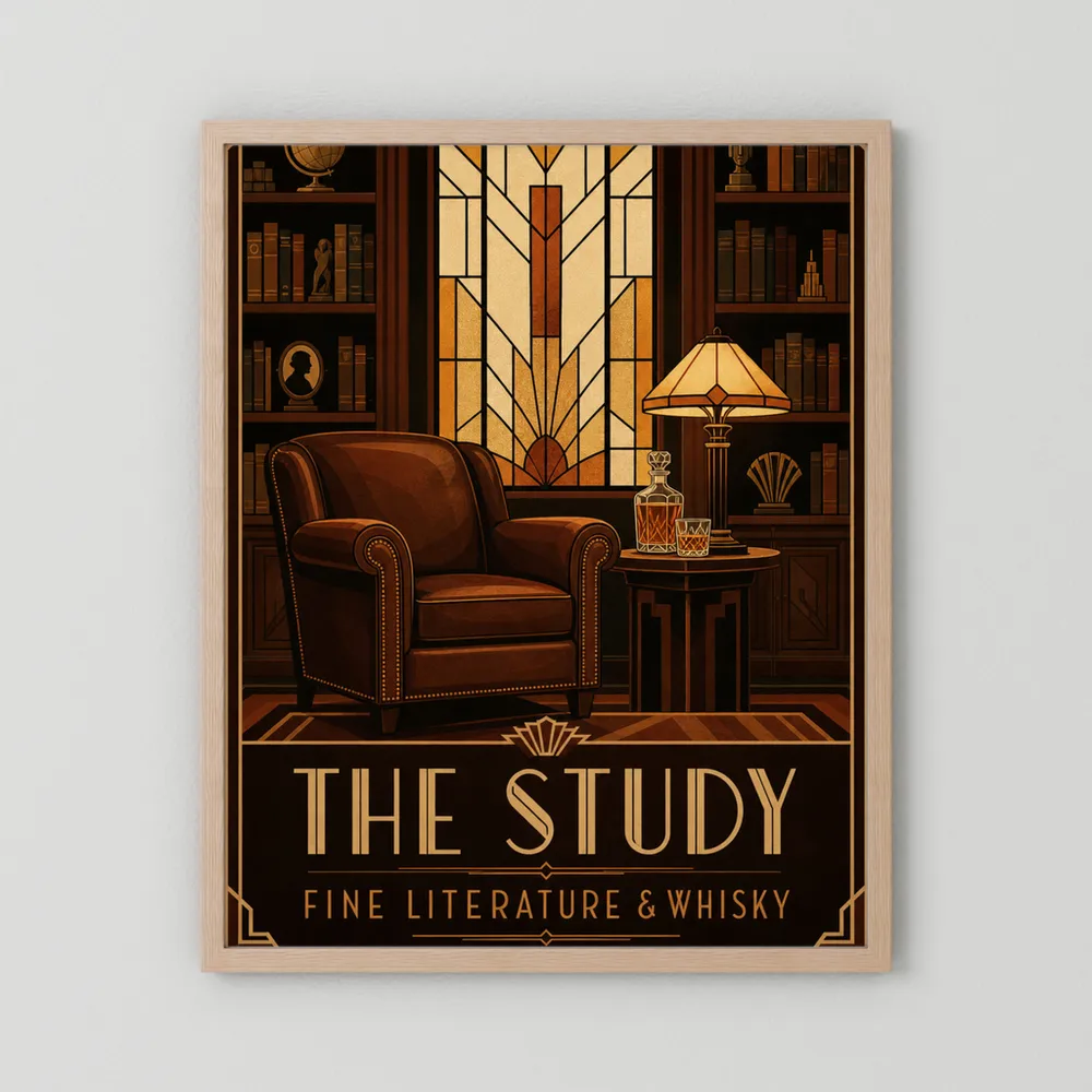The Study: Fine Literature & Whisky – Vintage Art Deco Library Interior Print