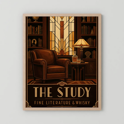 The Study: Fine Literature & Whisky – Vintage Art Deco Library Interior Print