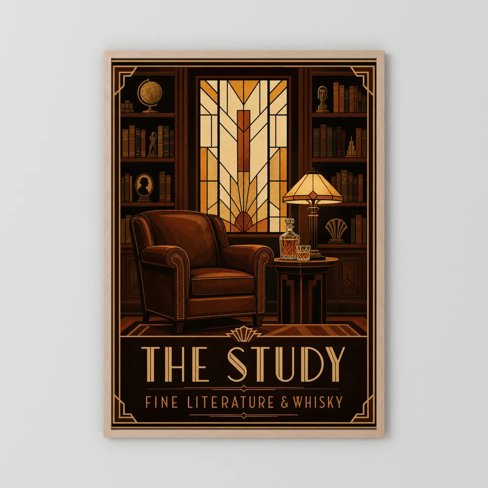 The Study: Fine Literature & Whisky – Vintage Art Deco Library Interior Print