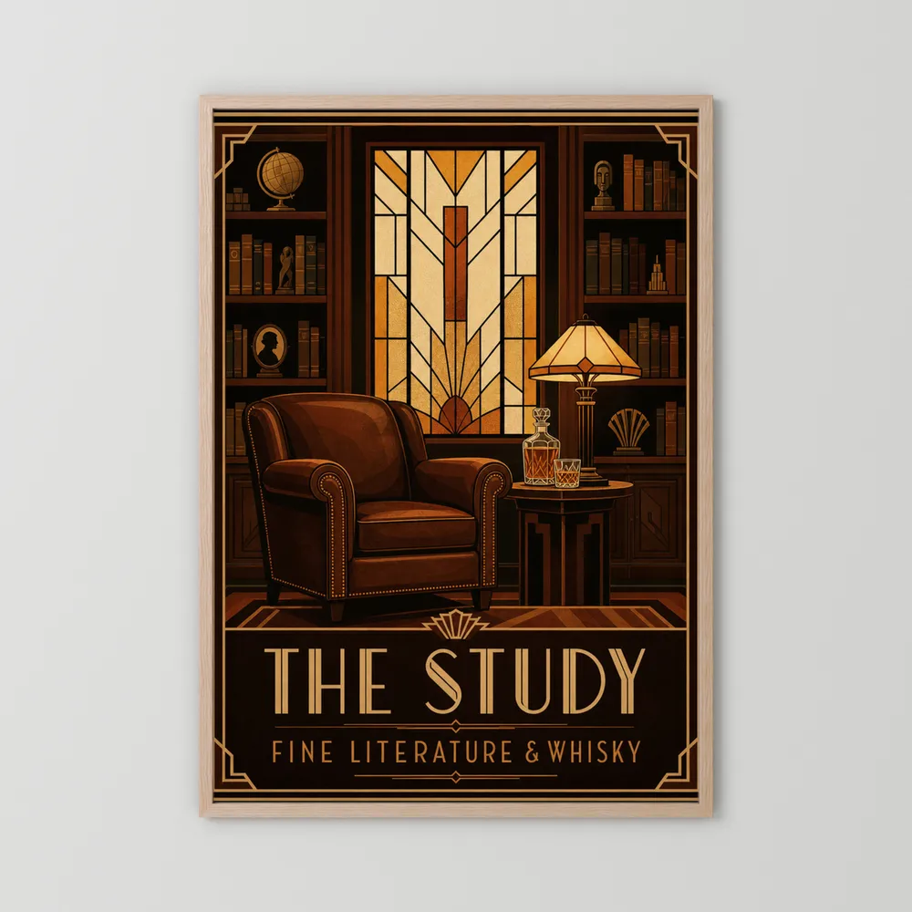 The Study: Fine Literature & Whisky – Vintage Art Deco Library Interior Print