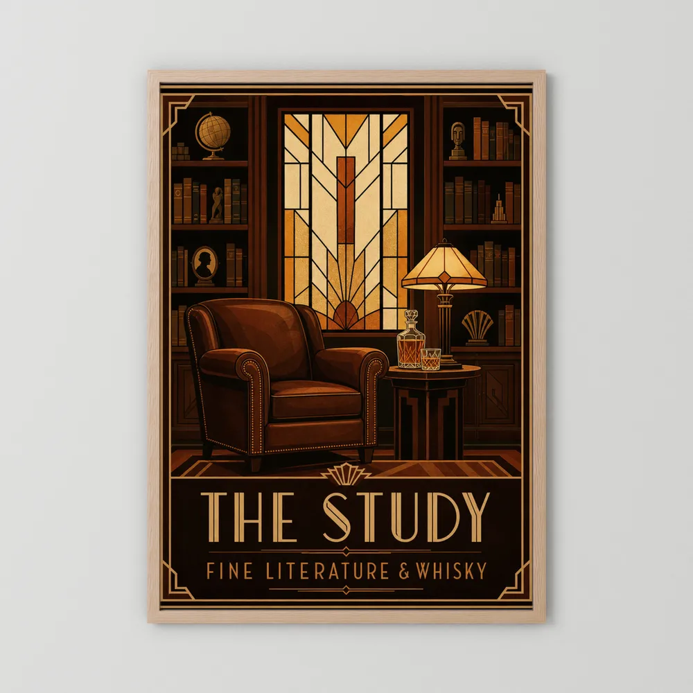 The Study: Fine Literature & Whisky – Vintage Art Deco Library Interior Print