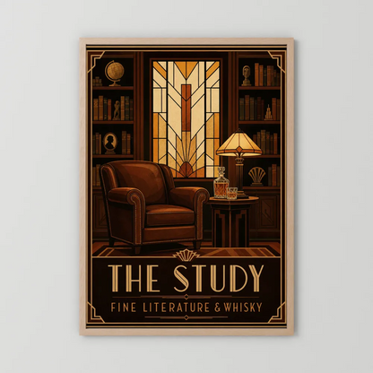 The Study: Fine Literature & Whisky – Vintage Art Deco Library Interior Print