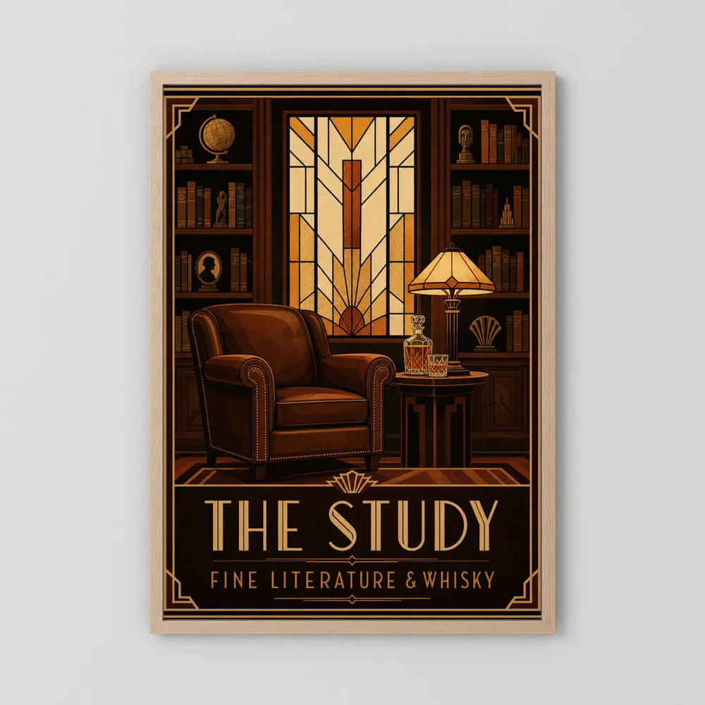 The Study: Fine Literature & Whisky – Vintage Art Deco Library Interior Print
