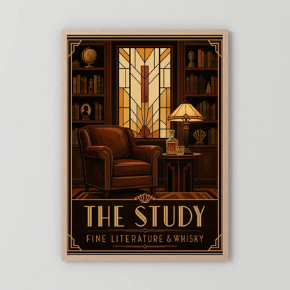 The Study: Fine Literature & Whisky – Vintage Art Deco Library Interior Print