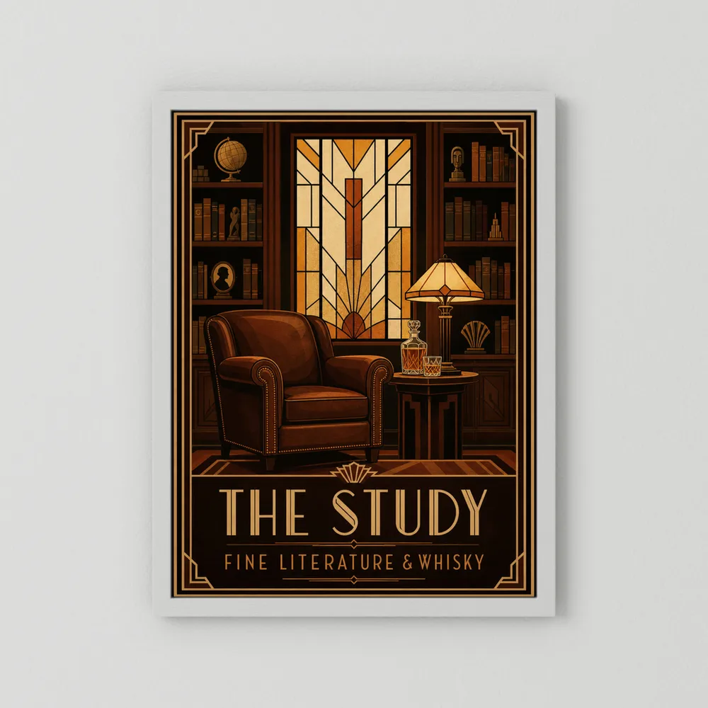 The Study: Fine Literature & Whisky – Vintage Art Deco Library Interior Print