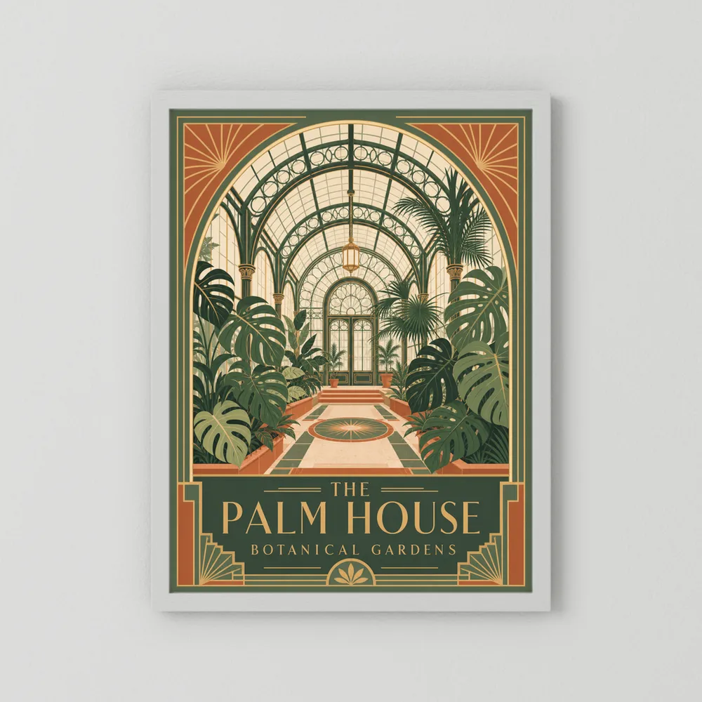 The Palm House: Botanical Gardens – Vintage Art Deco Conservatory Print