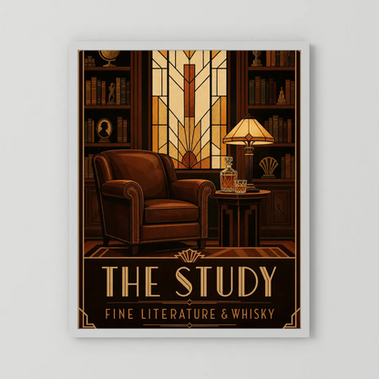The Study: Fine Literature & Whisky – Vintage Art Deco Library Interior Print