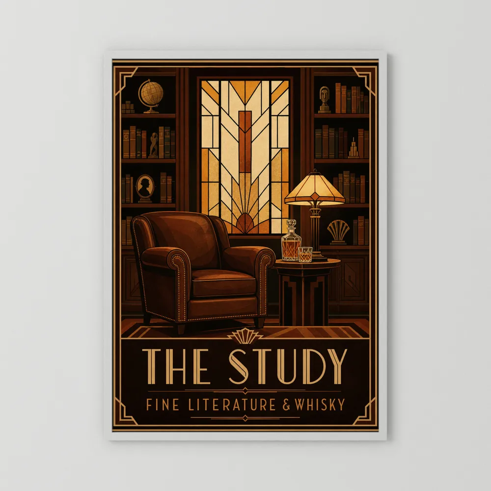The Study: Fine Literature & Whisky – Vintage Art Deco Library Interior Print