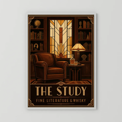The Study: Fine Literature & Whisky – Vintage Art Deco Library Interior Print