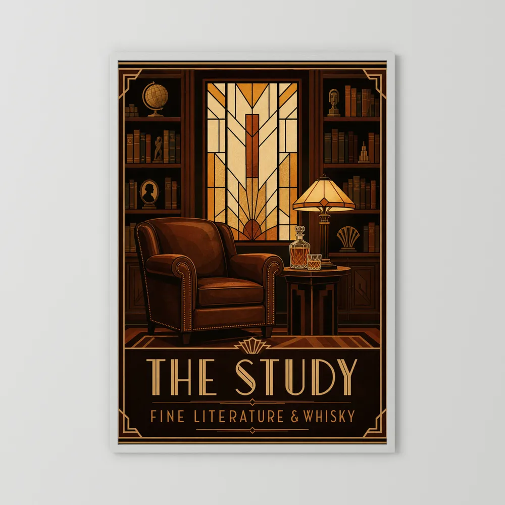 The Study: Fine Literature & Whisky – Vintage Art Deco Library Interior Print
