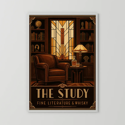 The Study: Fine Literature & Whisky – Vintage Art Deco Library Interior Print