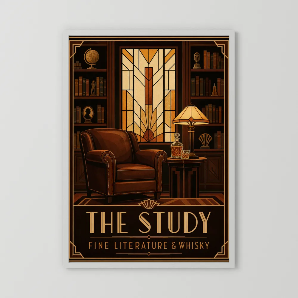 The Study: Fine Literature & Whisky – Vintage Art Deco Library Interior Print