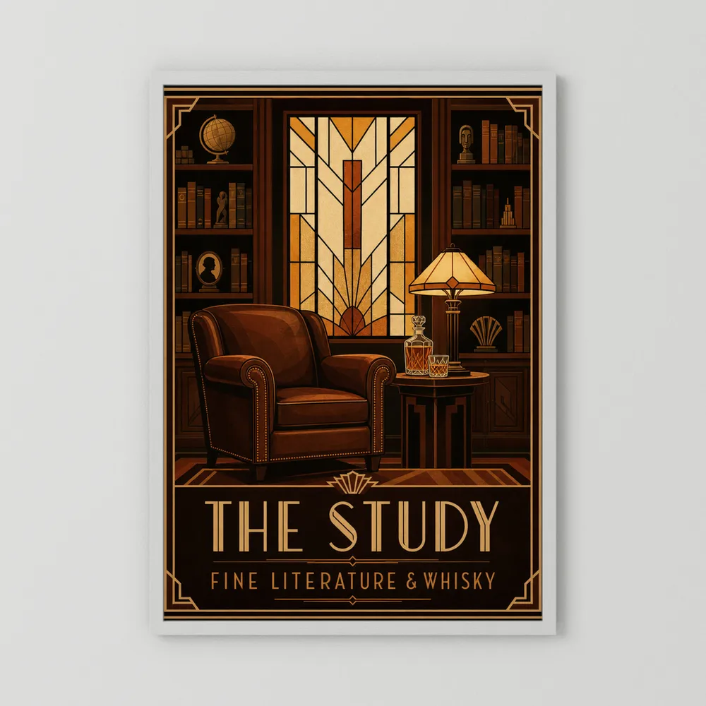 The Study: Fine Literature & Whisky – Vintage Art Deco Library Interior Print
