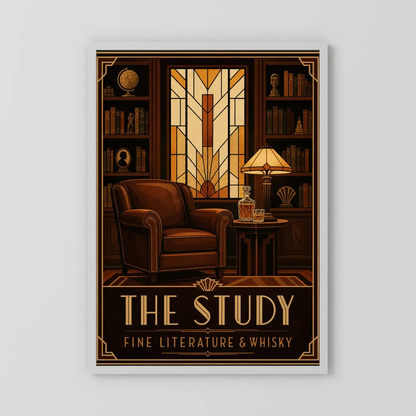 The Study: Fine Literature & Whisky – Vintage Art Deco Library Interior Print