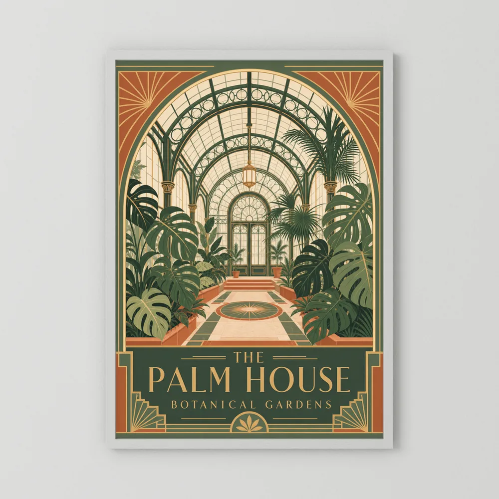 The Palm House: Botanical Gardens – Vintage Art Deco Conservatory Print