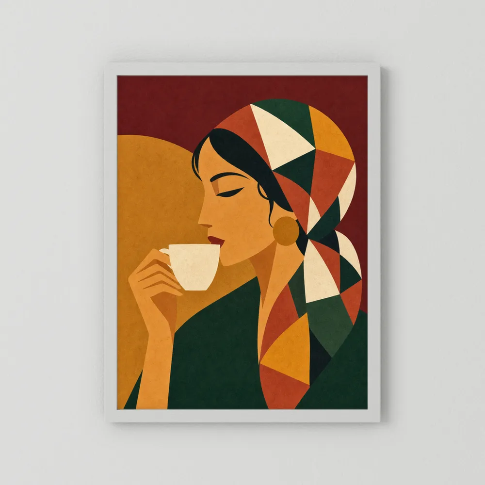 Woman Drinking Coffee with Geometric Headscarf Retro Art Print