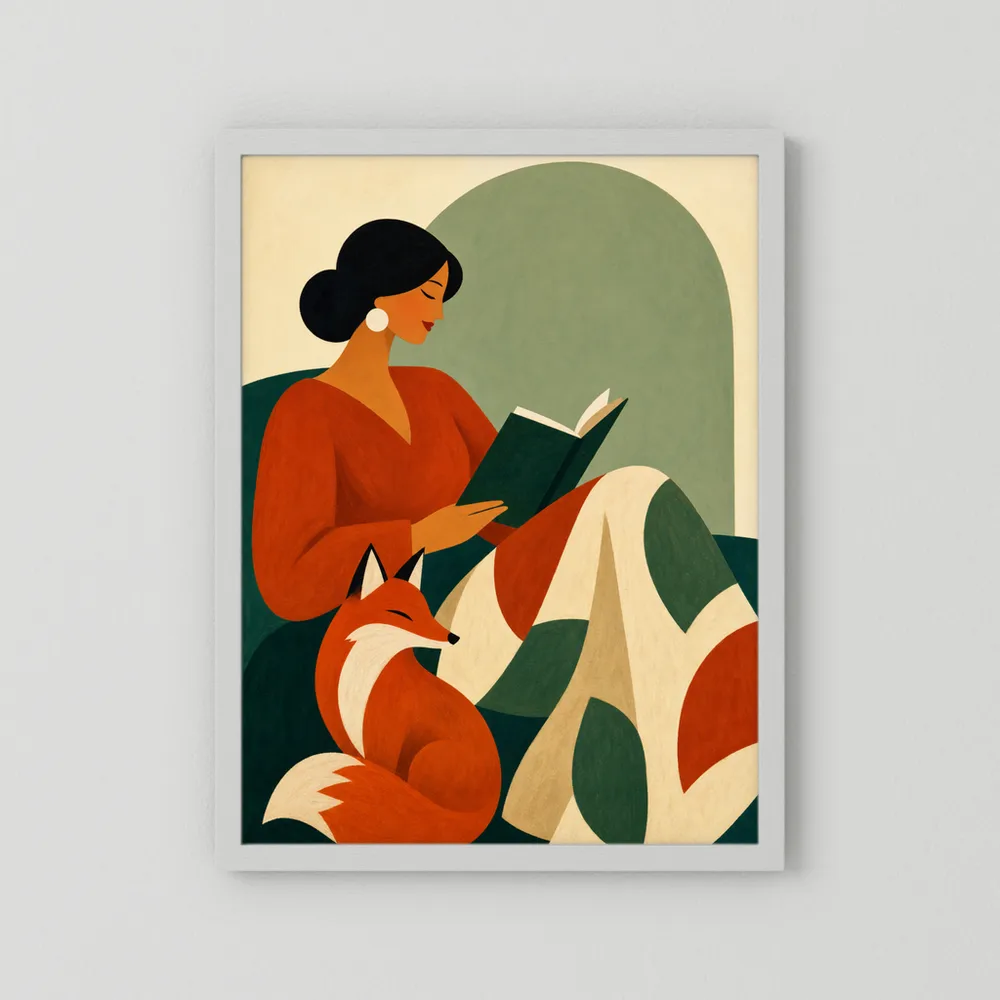 Woman Reading with Fox Mid-Century Retro Art Print