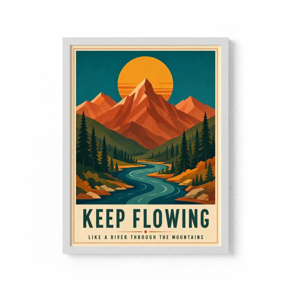 Keep Flowing – Retro Mountain & River Art Print