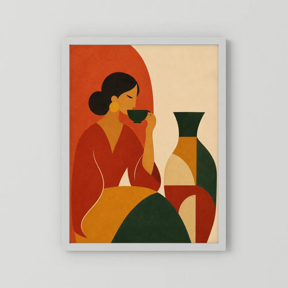 Woman Sipping Tea with Patterned Vase Boho Minimalist Art Print