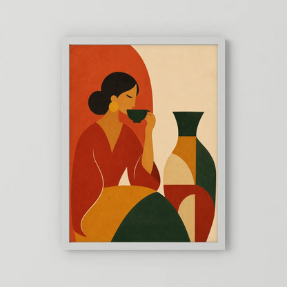 Woman Sipping Tea with Patterned Vase Boho Minimalist Art Print