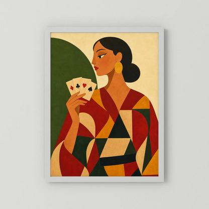 Woman Holding Playing Cards Mid-Century Art Deco Print