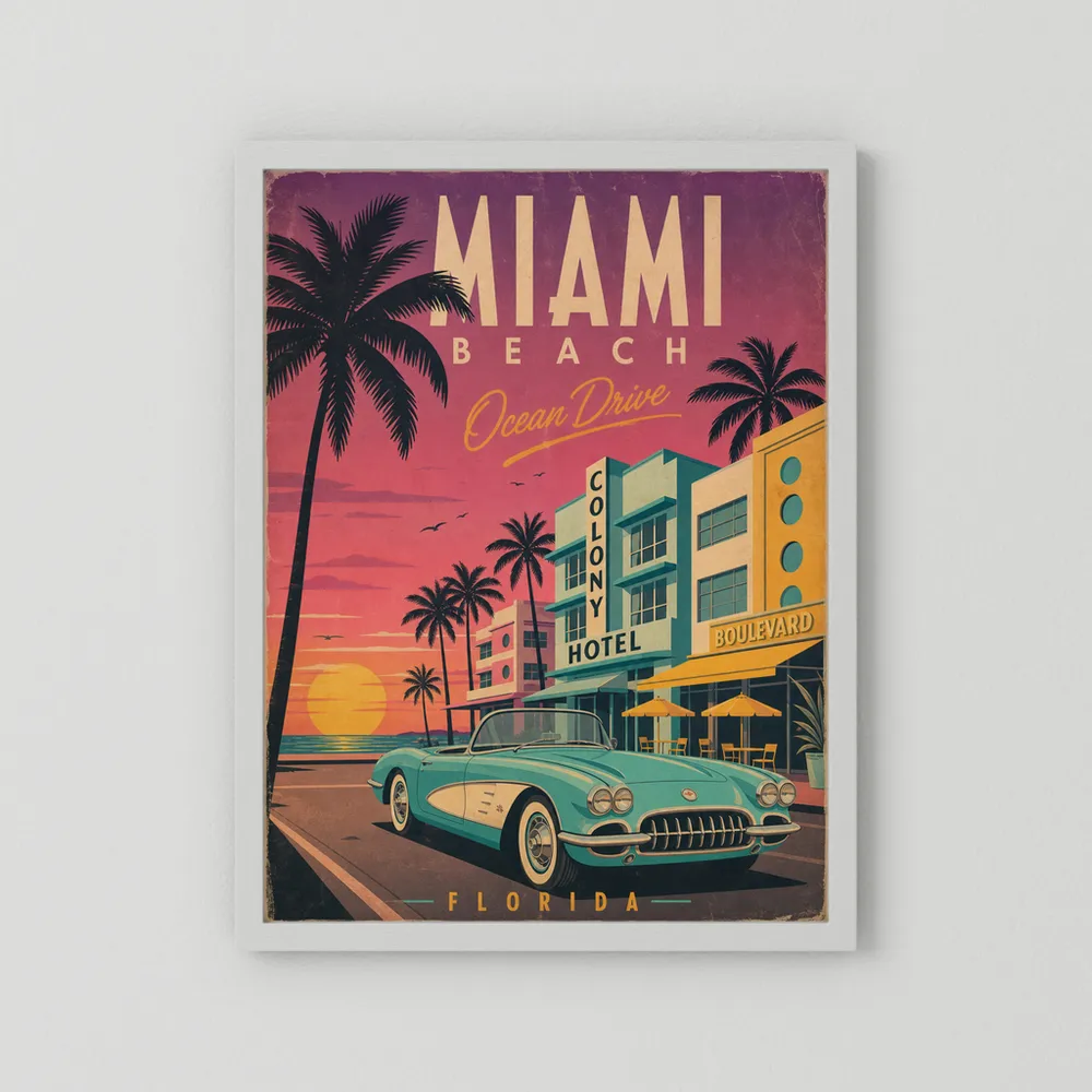 Miami Beach Ocean Drive Art Deco Vintage Travel Poster