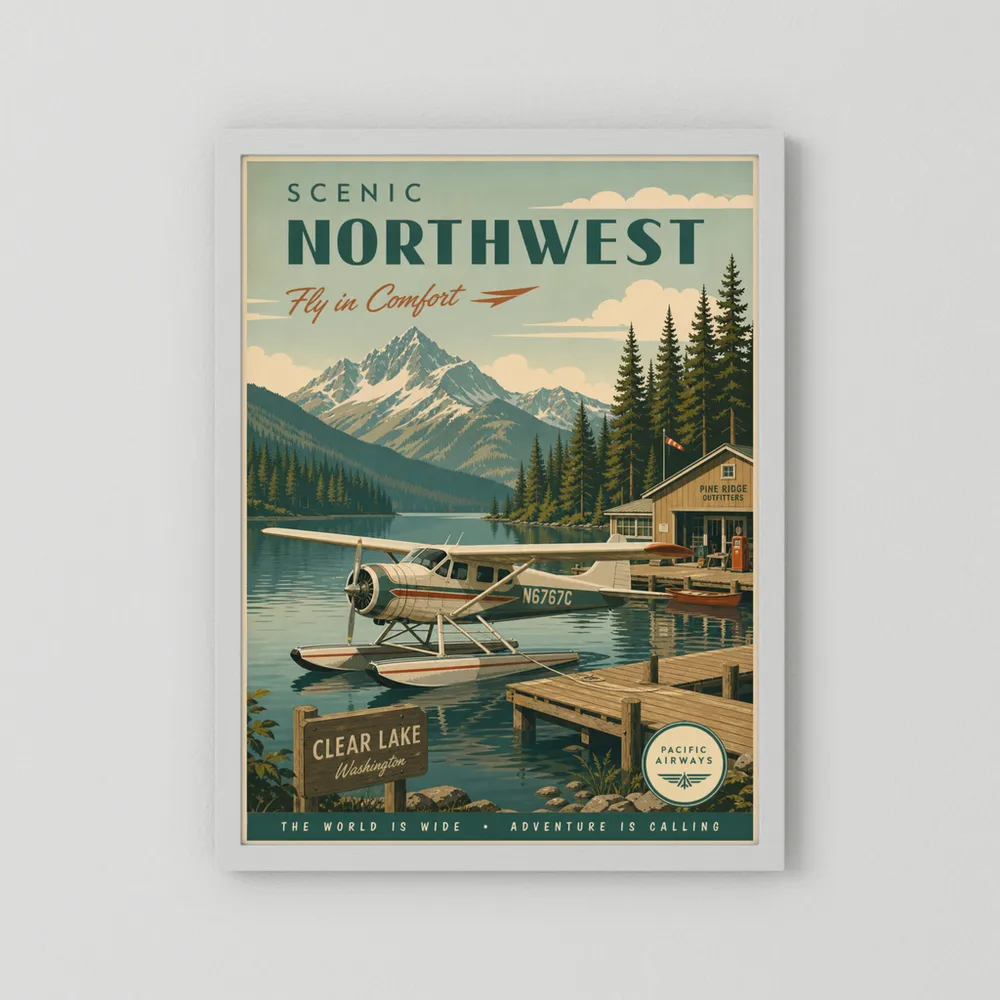 Scenic Northwest Clear Lake Washington Seaplane Vintage Travel Poster Art Print