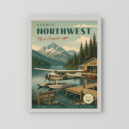 Scenic Northwest Clear Lake Washington Seaplane Vintage Travel Poster Art Print