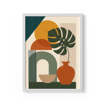 Mid-Century Monstera & Abstract Shapes Art Print