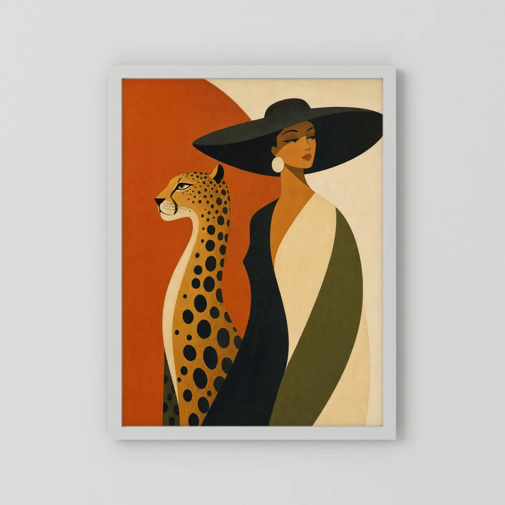 Glamorous Woman in Black Hat with Cheetah Mid-Century Art Print