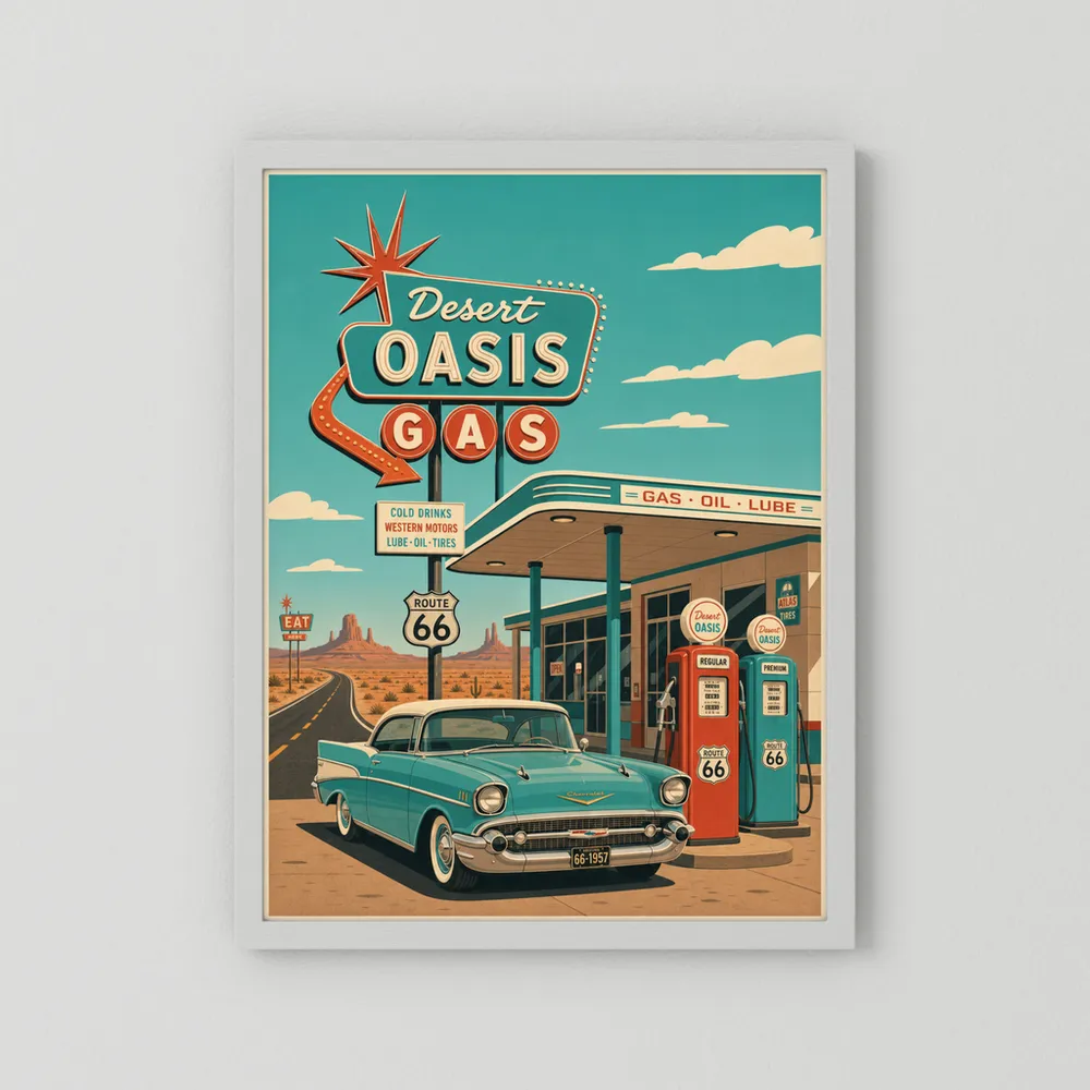 Desert Oasis Gas Station Route 66 Vintage Art Print