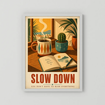 Slow Down – Retro Coffee & Journal Art Print