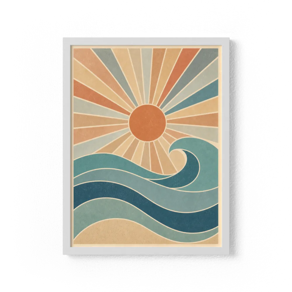 Retro Rising Sun & Ocean Wave Art Print