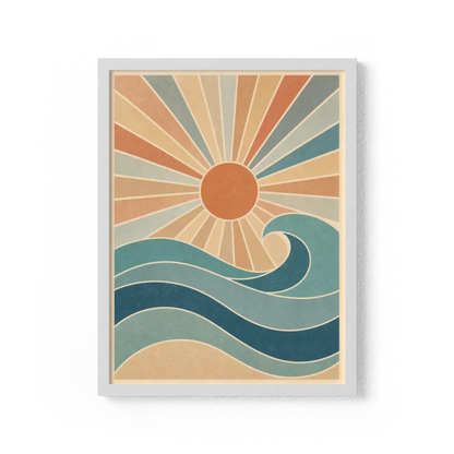 Retro Rising Sun & Ocean Wave Art Print